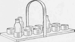 Parts of Tin Cans Fastened to a Board for Holding Milk Bottles