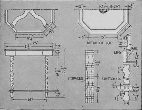 Assembly views and working details of a coffee table that is a typical example of spiral turnings.