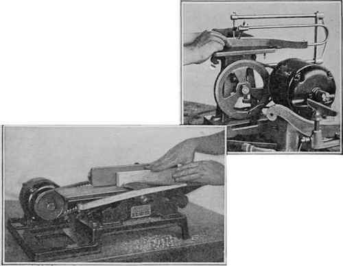 Fig. 5 (above).   Cutting one of the footstool legs on the jig saw. Note the rod and adjustable foot which holds down the stock on the table. Fig. 6 (at left).   One face of each piece is planed; then this face is held against the fence or guide of the planer and one edge is jointed (made true) as shown. The position of the hands is important. A swinging guard presses against the wood.
