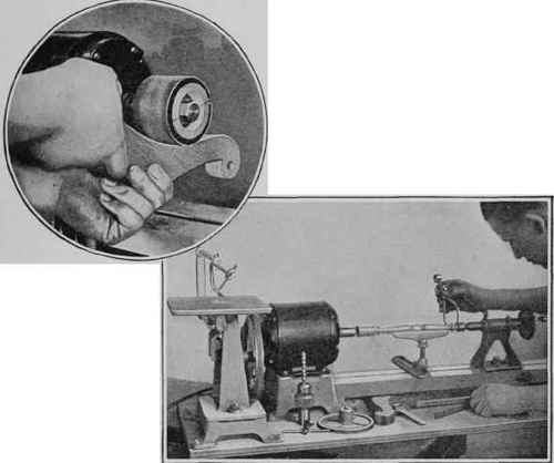 Fig. 7 (above).   Cleaning up the convex curves of the legs on a drum sander. If this type of sander is not available, a sanding cylinder can be turned from wood for use in the lathe. The edges of the sandpaper should be wedged into a longitudinal groove by means of a small strip of wood. Fig. 8 (at right).   The spindles or handles in the lathe. Calipers are used to make measurements.