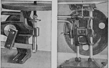 Figs. 29 and 30.   Two types of jig saw mechanisms. At the left is the crank motion and at the right the horizontal motion mechanism.