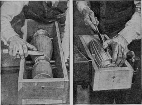 Left: How the marks for the reeds are scored with a marking gage. Right: The method of chiseling out the reeds.