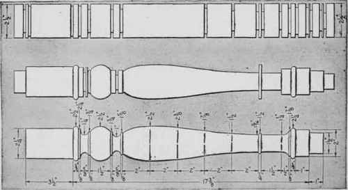 Throe stops in turning the tilt top table column. Grooves are first turned to the correct depths, as previously described, and these guide the finishing cuts.