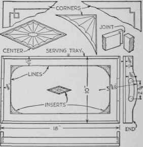 Tray with border lines and corner and center inserts : note alternative designs for the corners.
