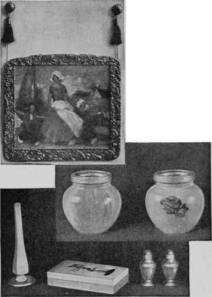Wall plaque, made from a color print, covered with cheesecloth and shellacked so that it resembles an oil painting. The frame is polychromed gesso. Below : Pour finished preserve jars, one with a transfer design, and other articles bought for ten cents each and lacquered in any colors.