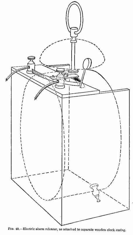 Electric alarm releaser, as attached to separate wooden clock casing