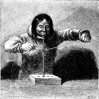 FIG. 1.  ESKIMO PRODUCING FIRE BY FRICTION.