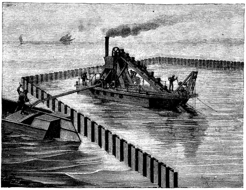  FIG. 3.   DREDGING WITHIN A SPACE CIRCUMSCRIBED BY IRON PILE PLANKS.