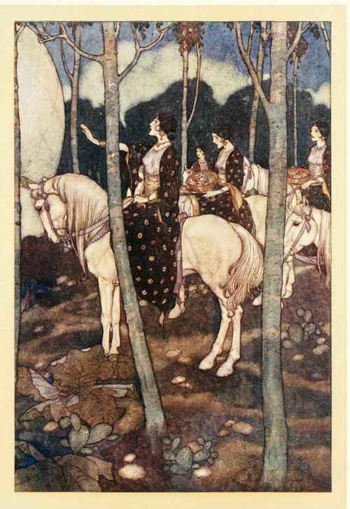 After these, maidens on white horses, with heads unveiled, bearing in their hands baskets of precious stones.