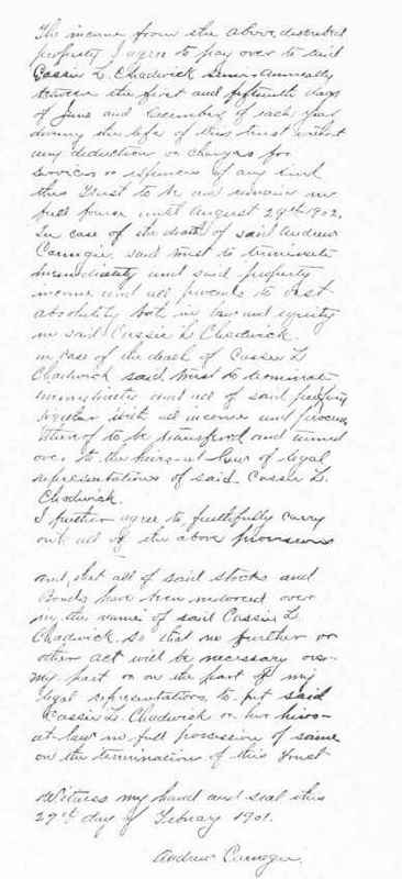 BOGUS TRUST AGREEMENT Continuation, showing signature of Andrew Carnegie forged by Cassie Chadwick