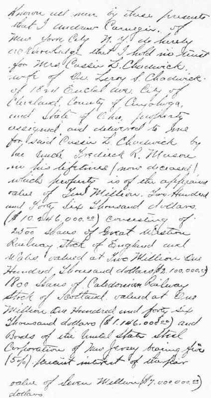 BOGUS TRUST AGREEMENT Used by Cassie Chadwick in her borrowing operations