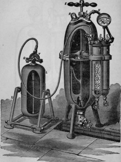 Fig. 192.   Sectional View of Matthews' Vertical Carbonate Feeding Generator with Portable Fountain