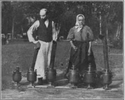 Fig. 12.   Tea samovars, Sparrow Hill. Moscow. (Photo by Author.) the well to do people. The custom of drinking afternoon tea is also rapidly spreading in the United States. But after all the most important use of the beverages which have been mentioned is at the table.