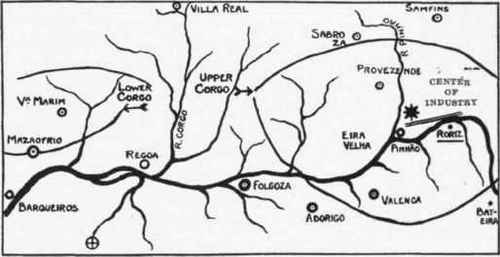 Fig. 34.   Map showing areas producing Port wine. (From Challoner.)