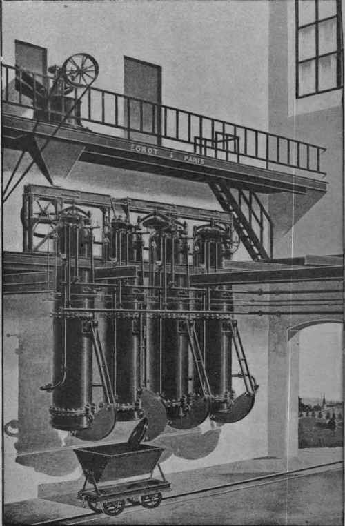 Fig. 21.   battery of four diffusion vessels for extraction of sugar.