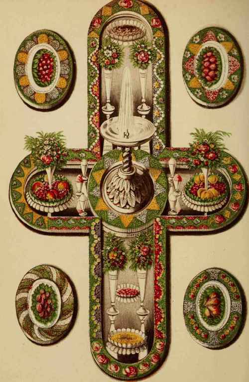 A Table spread for dinner a la Russe with plateau of looking glass and fountain.