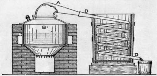 FIG. 2. A STILL. A, Gooseneck; B, Boiler; D, Condensing Coil