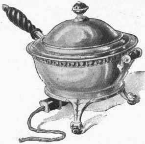 A chafing dish in aluminium, that is both useful and ornamental. Its cleanliness and dainty appearance make it most suitable for table cookery