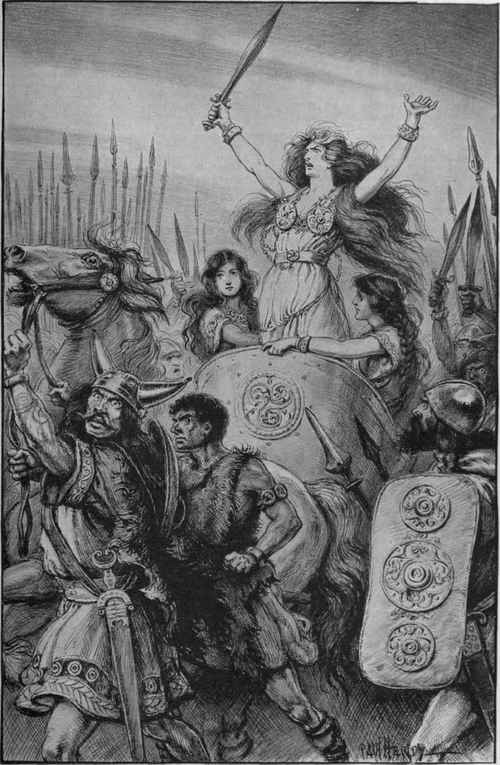 Boadicea, the heroic and injured British queen. with her daughters, leading her troops in person against the Roman oppressors of her country