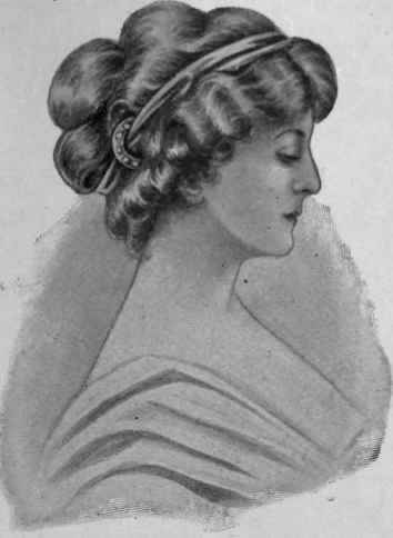 Fig.1. A simple but charming decoration, consisting of a twist of satin ribbon passed on either side of the head through a jewelled ring
