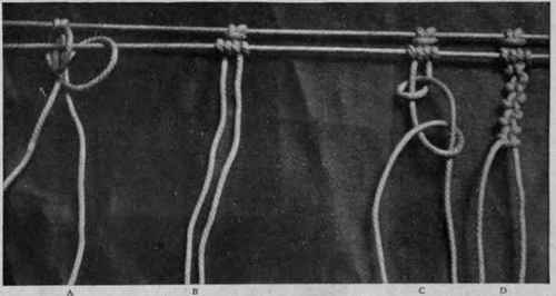 Fig. 2. A and B show how threads are fastened on to the second foundation cord. C and D. how to