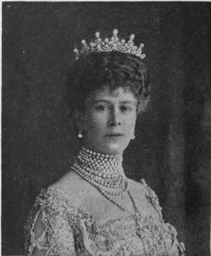 H.M. Queen Mary wearing her rare and costly pearls, which are of unusual size and lustre
