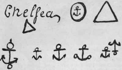 The earliest regular mark used on Chelsea china is an anchor in relief on a raised embossed oval. The anchor in red or gold is the most usual mark, and it is the gold which is copied by the forger.