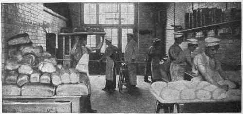 Young bakers at the Stepney Home. Boys over school age, with an aptitude for technical work, are apprenticed to and taught various trades in the great workshops attached to the Home