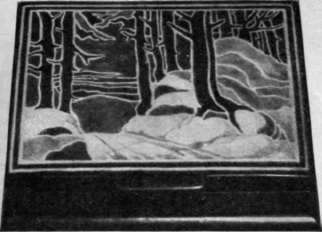 A landscape design in several colours, batiked upon the lid of a whitewood box. Marqueterie stains are used for the colouring