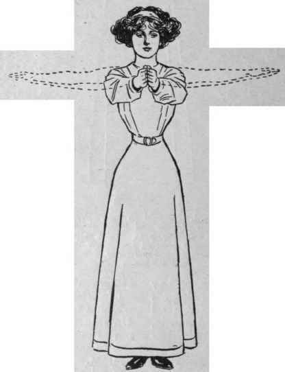 Fig. 2. Stand erect, as shown above, and draw the arms back slowly until they are on a' level with the shoulders, at the same time inhaling quietly and slowly