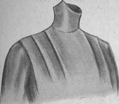 Fig. 5. If fashion forbids fulness at the shoulder, the sleeves should be inserted under a pleat that projects beyond the shoulder line