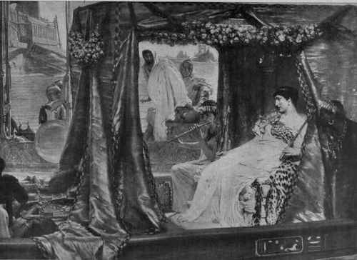 Sir Lawrence Alma Tadema's fascinating picture of Cleopatra, the great Queen of Egypt, who enchanted Julius Caesar and enslaved Mark Antony, wherein is shown the meeting of the latter proud Roman ruler and the vassal queen