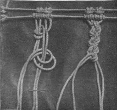 The double knotted bar, a stitch much used in macrame work in which two threads and two foundation cords are used