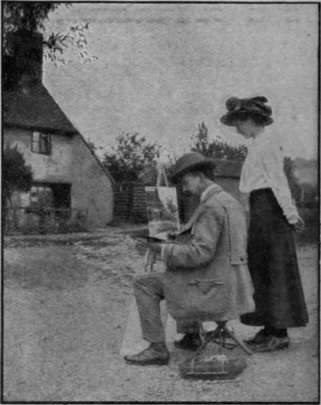 A beginner receiving valuable and personal help from the master himself a vista of landscape in the distance. Rustic models are always posed at the studio, to be referred to when needed, for introduction into a picture.