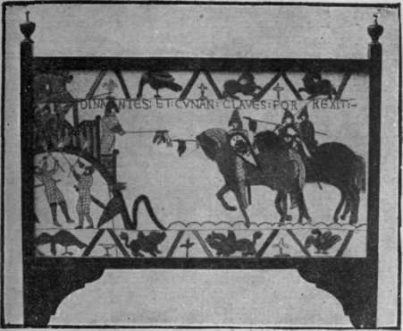 A panel inounted as a screen, illustrating the keys of Dinan being delivered up on the point of a lance. Horses and men are coloured in a most bizarre fashion