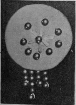A suggestion for the ornamentation of a suede cabochon. A centre star of chenille is surrounded with large dull beads, with a small fringe of the same