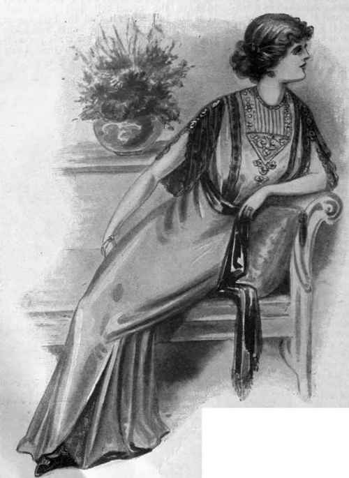 A tea gown that can be worn as a dinner frock in the intimacy of home life is a most useful possession. The above could be made of grey crepe de chine, with sleeves and trimmings of black Chantilly lace. Bands of silver insertion, and a sash girdle of any preferred colour should be added.