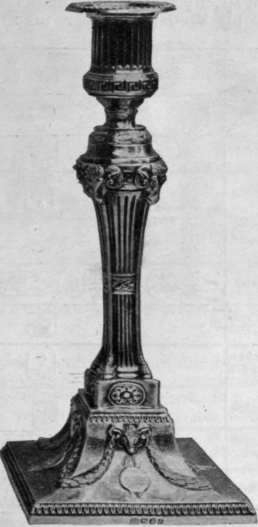 An old English silver candlestick, bearing the Sheffield hall mark of 1774 5. This town's distinctive mark is the crown. It also uses a variable letter, which is changed every year