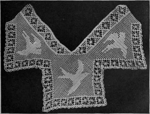 Crochet bird design for lace suitable for teacloths, toilet covers, perambulator covers, etc. Although very effective, this is an easy pattern to work. This illustration clearly shows how the corner is turned