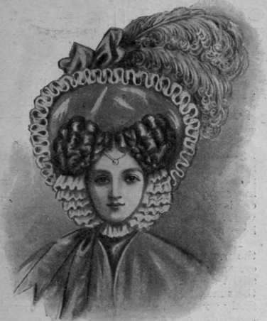 Fig. 3. An arrangement of plait and curls worn with the bonnet of the period (George IV.), whose stiffly symmetrical appearance is enhanced by the gem on the forehead