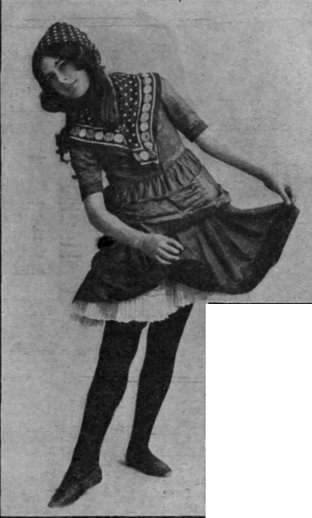 Fig. 3. Skirt step. The dancer holds her skirt in both hands and points her right foot four times. A spring is given with each point