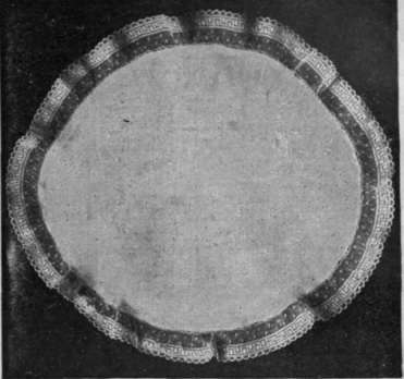 Fig. 7. Portions from the centre of a cloth can be cut round in a circle and edged with lace for cake d'oyleys spots