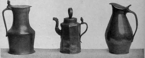 French tankard, German water jug, and French flagon in pewter