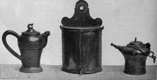 German coffee pot, Flemish lavabo, and Swiss biberon, or drinking vessel, in antique pewter