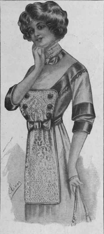 How a house gown may be renovated and smartened by the addition of an apron tunic in piece lace, piped with silk and ornamented with buttons