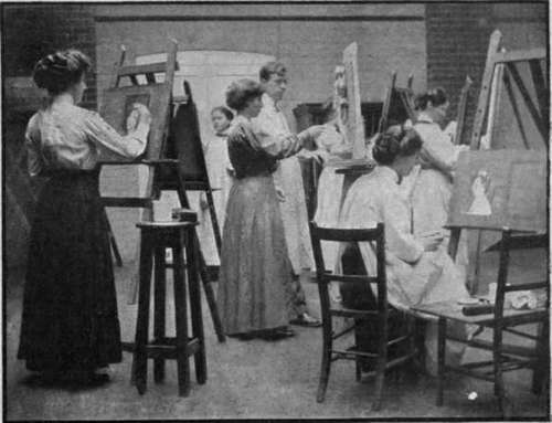 In the life room. Painting from life and sculpture from the life proceed simultaneously