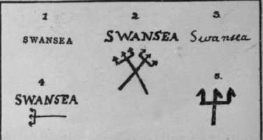 Marks found upon Swansea porcelain. The trident is often found in combination with the word  Swansea