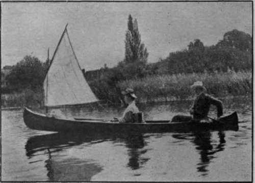 Sailing with the breeze. For this two canoeists are needed, since the sheet, or rope, fastened to the sail must always be held in the hand, never made fast, or a sudden gust of wind will overturn the craft