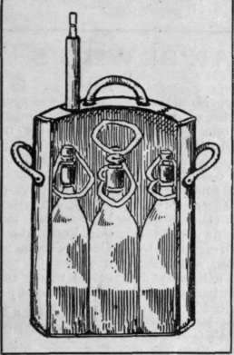 Section of home steriliser or Pasteurising appliance. The milk is contained in the bottles, which are placed in a vessel containing water.