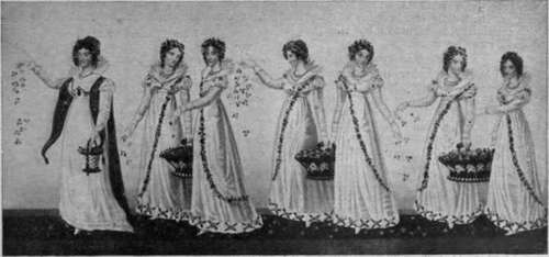 The King's Herb woman, Miss Fellowes, with her six maidens, strewing the way with herbs at the coronation of George IV. This was the last occasion on which this quaint and picturesque custom was observed